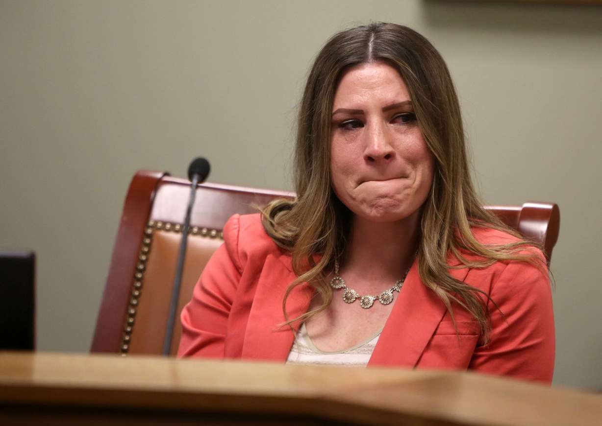 Kathy Bounous, general counsel and director of appeals and legislative affairs for the Utah Department of Workforce Services and a member of the Women in the Economy Commission, gets emotional while talking about her journey through law school while raising three children, at a Women in the Economy Commission meeting in the House Building on Utah’s Capitol Hill in Salt Lake City on Tuesday, April 3, 2018. (Photo: Kristin Murphy, KSL)