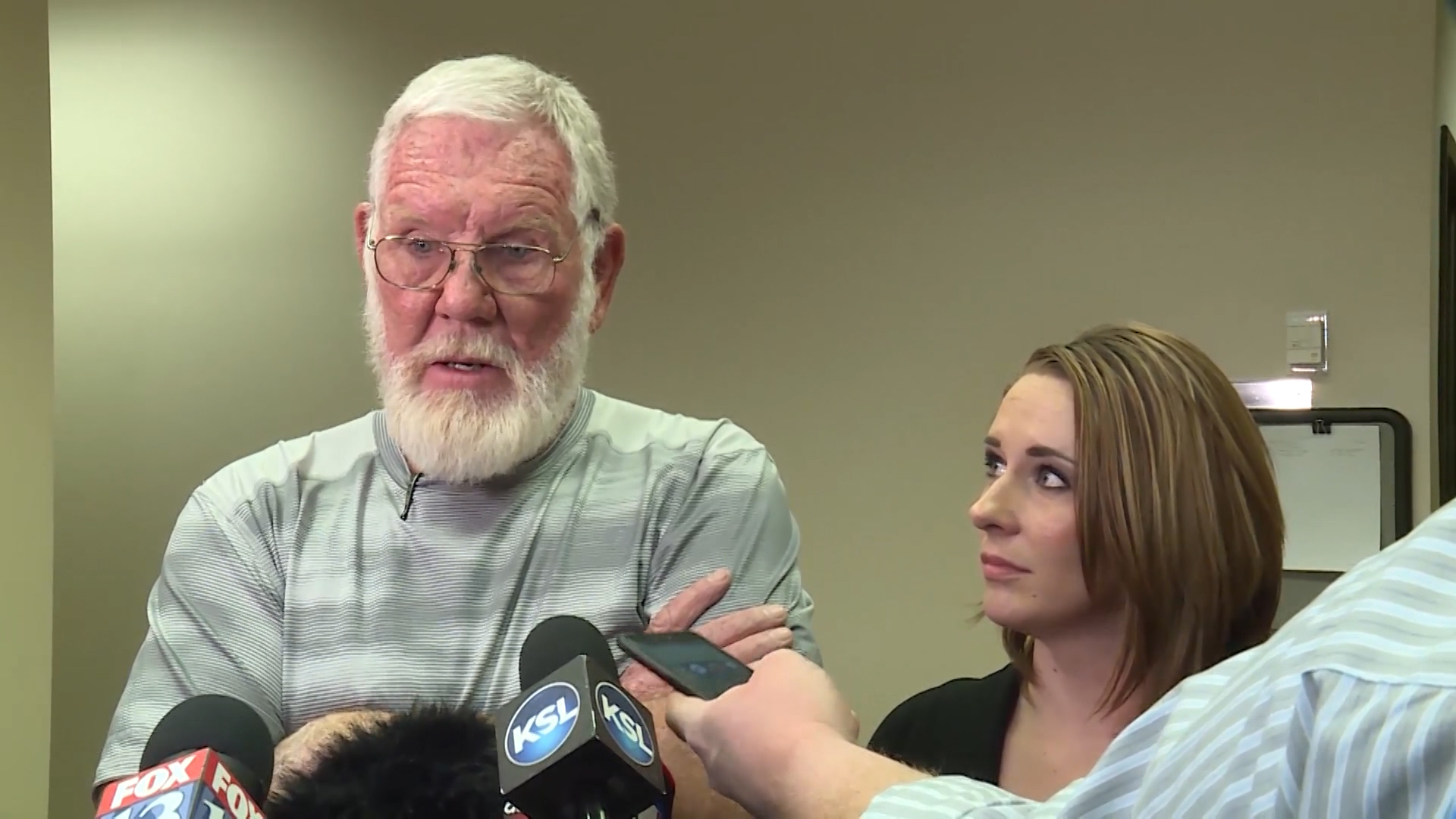 Bill Powell, Riley Powell's father, and Amanda Hunt, Brelynne Otteson's aunt, speak with reporters following Jerrod Baum's initial court appearance Tuesday, April 3, 2018. (Photo: KSL TV)