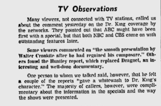 A recap of reaction from TV viewership the Deseret News received the day after Martin Luther King, Jr.'s assassination on April 4, 1968, in an April 6, 1968 edition of the newspaper. (Photo: Deseret News archives)