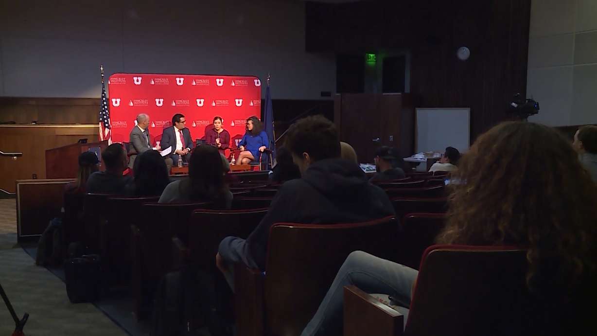 During a panel discussion at the University of Utah Tuesday, April 3, 2018, Lt. Gov. Spencer Cox posed questions about how to reduce opioid overdoses to Adam Cohen, CEO of the Odyssey House substance abuse and mental illness treatment center; Angela Stander, prescription drug overdose prevention coordinator for the state Department of Health; and Jennifer Plumb, medical director of the Utah Naloxone Association and assistant pediatrics professor at the U. (Photo: Mark Wetzel, KSL TV)