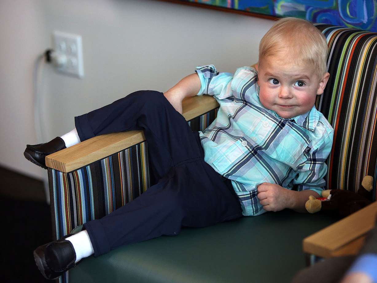 Brycen McKen, 2, who had a liver transplant in December, lounges while his mother speaks at a Liver Transplant Celebration at Primary Children's Hospital in Salt Lake City on Wednesday, April 4, 2018. (Photo: Kristin Murphy, KSL)