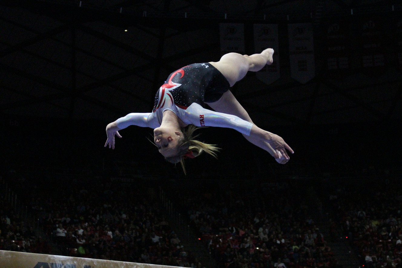 Utah gymnastics' Maddy Stover flips on the beam as the team hosts Washington on Saturday, Feb. 13, 2016. (Photo: Holli Joyce, KSL.com)