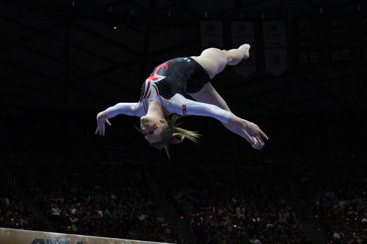 Utah gymnastics' Maddy Stover flips on the beam as the team hosts Washington on Saturday, Feb. 13, 2016. (Photo: Holli Joyce, KSL.com)