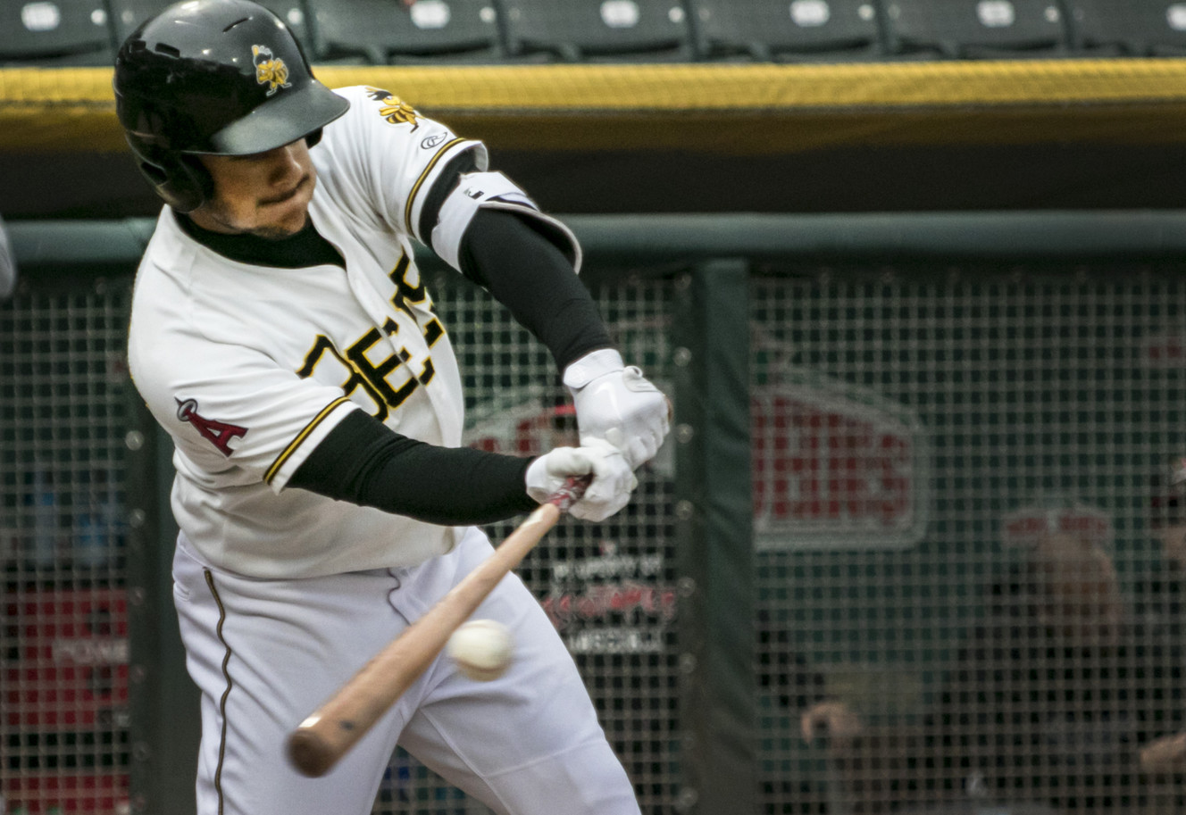 Salt Lake Bees infielder David Fletcher singles in the second inning during the Bees home opener on Thursday, April 5, 2018. (Photo: Carter Williams, KSL.com)