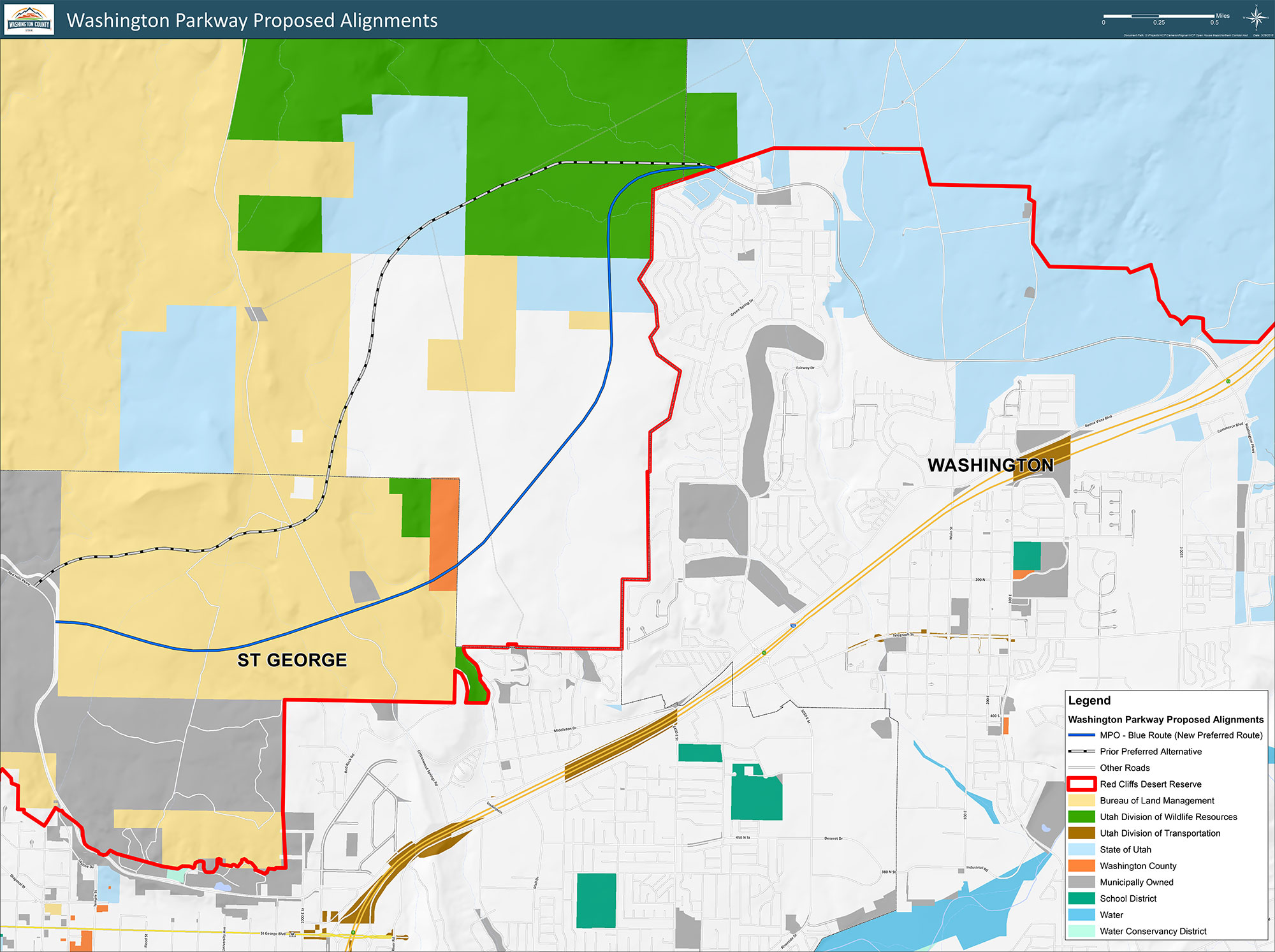 Map showing the proposed location of a new northern corridor route within the boundaries of the Red Cliffs Desert Reserve in Washington County. (Photo: Washington County via St. George News)