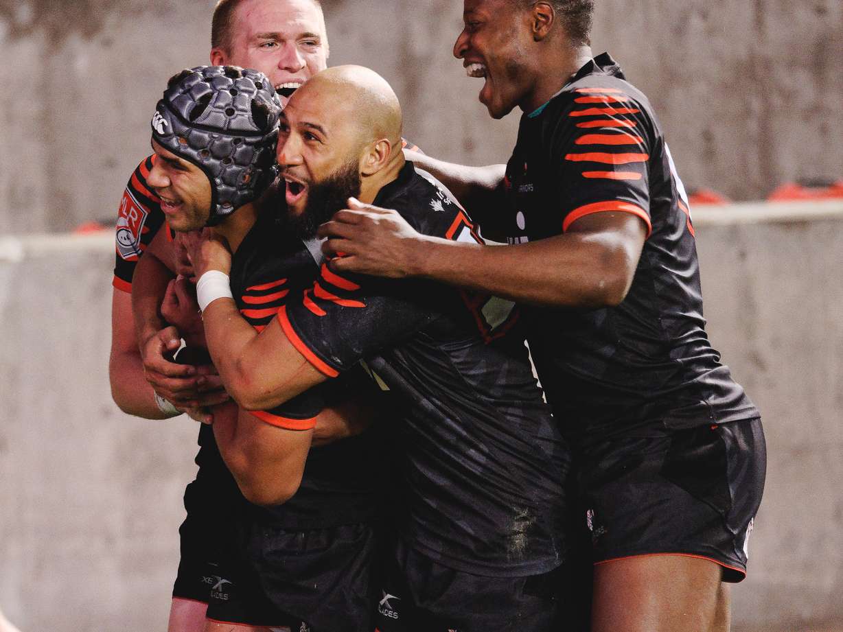 The Utah Warriors celebrate a try scored by former BYU rugby star Joshua Whippy during the second half of Utah's 24-20 loss to the Ontario Arrows, Friday, April 6, 2018 at Rio Tinto Stadium in Sandy. (Photo: Davey Wilson, Utah Warriors)