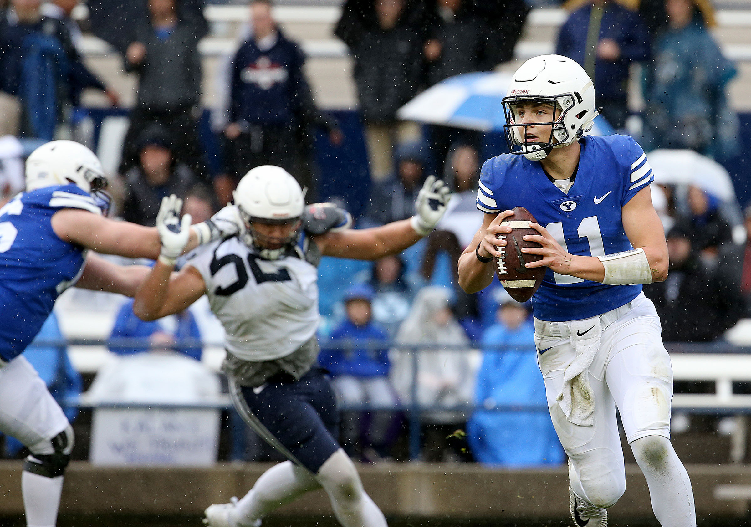 BYU QB Zach Wilson looks to pass during the Blue-White game at LaVell Edwards Stadium in Provo on Saturday, April 7, 2018. (Photo: Laura Seitz, Deseret News)