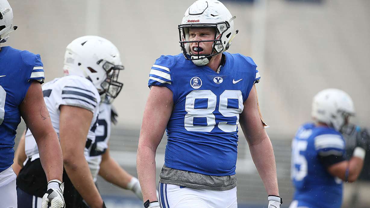 BYU tight end Matt Bushman during Blue-White game at LaVell Edwards Stadium in Provo on Saturday, April 7, 2018.