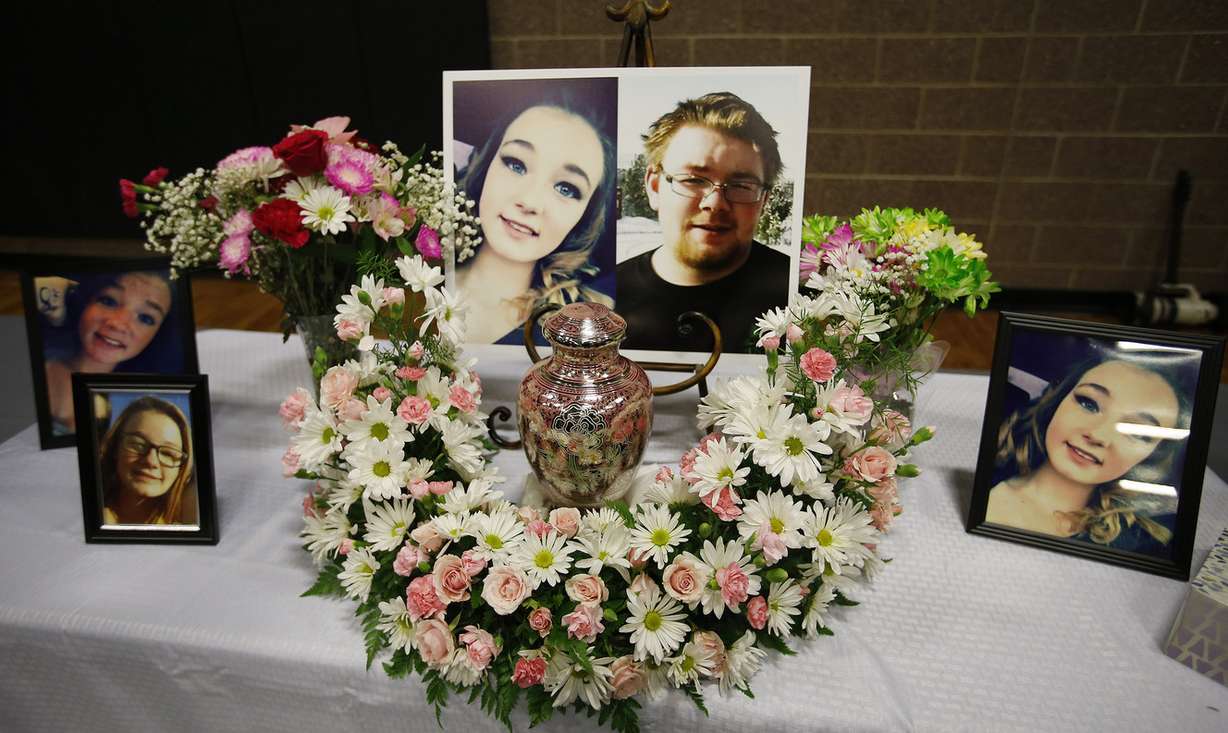 Brelynne “Breezy” Otteson's urn is displayed along with photos of her and Riley Powell during funeral services for the couple in Eureka on Saturday, April 7, 2018. (Photo: Jeffrey D. Allred, KSL)
