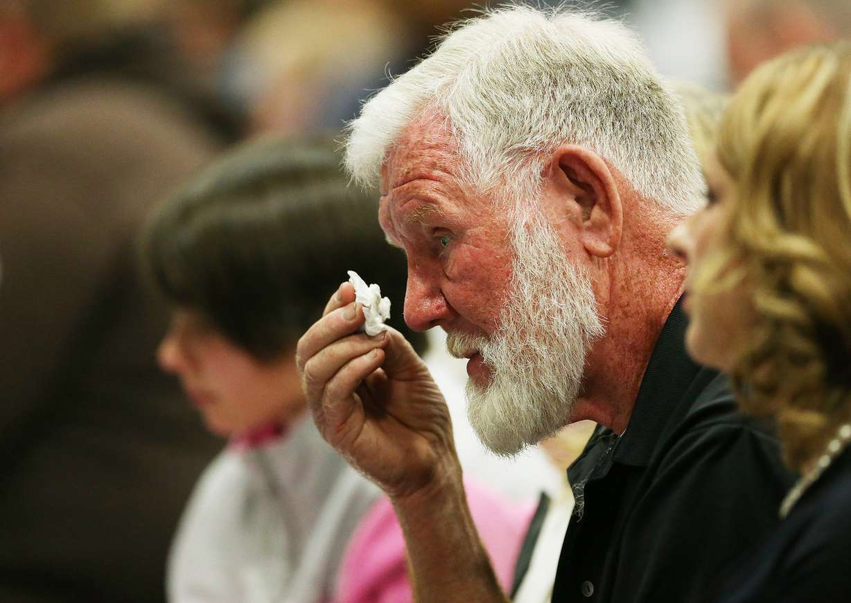 Bill Powell, father of Riley Powell, cries during a memorial service for his son and Brelynne “Breezy” Otteson in Eureka on Saturday, April 7, 2018. (Photo: Jeffrey D. Allred, KSL)