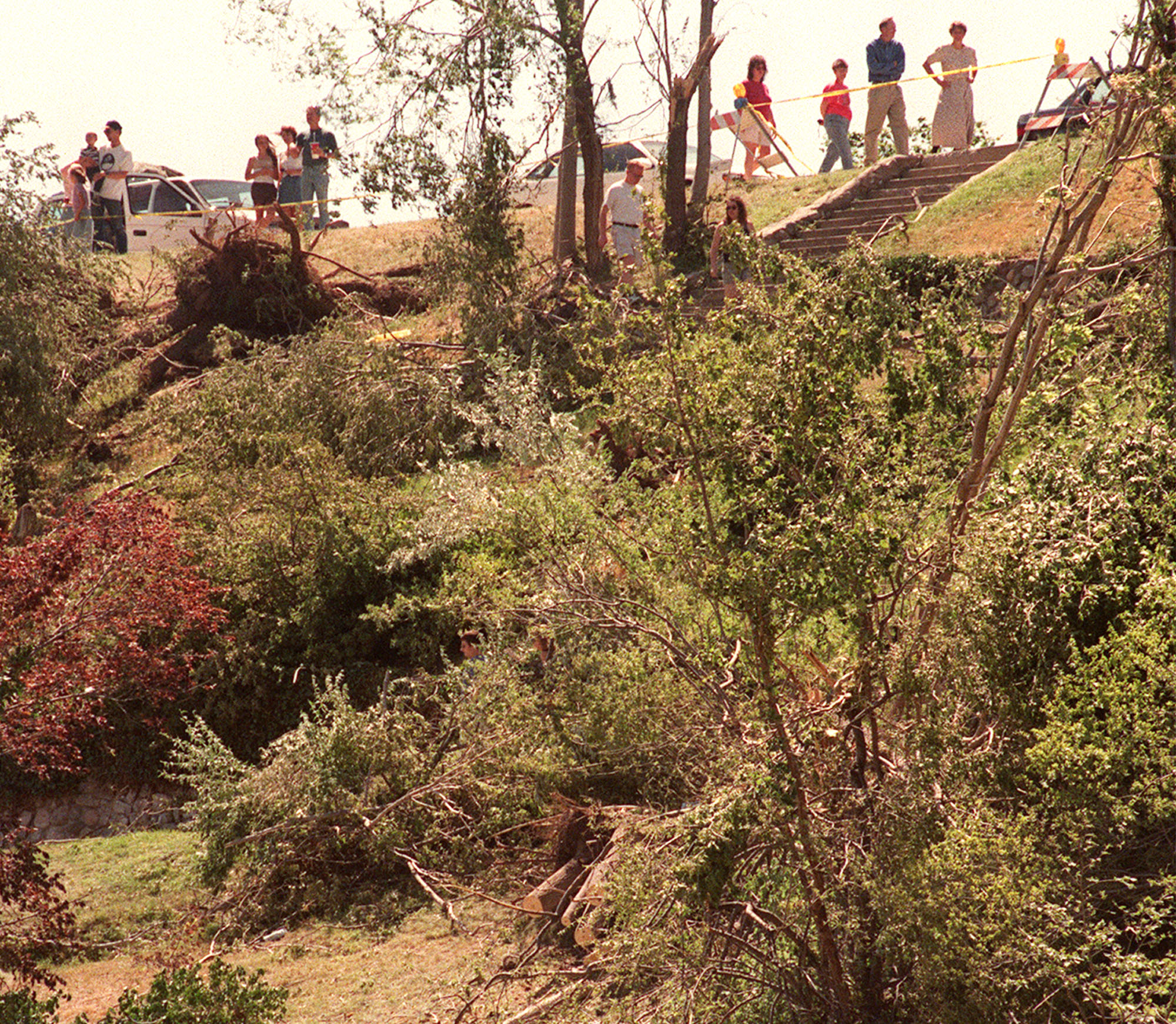 Visitors to Capitol Hill view the destruction from a tornado in Memory Grove on Aug. 14, 1999. (Photo: Marta Storwick, Deseret News)