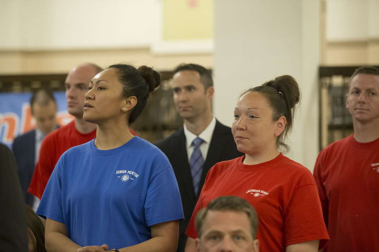 Graduates and current students of The Other Side Academy are acknowledged during a ribbon-cutting ceremony in Salt Lake City on Thursday, April 12, 2018. The Other Side Academy has purchased an apartment building at 35 S. 700 East that will add 100-plus beds for the homeless and chronic criminal offenders. (Photo: Laura Seitz, KSL)