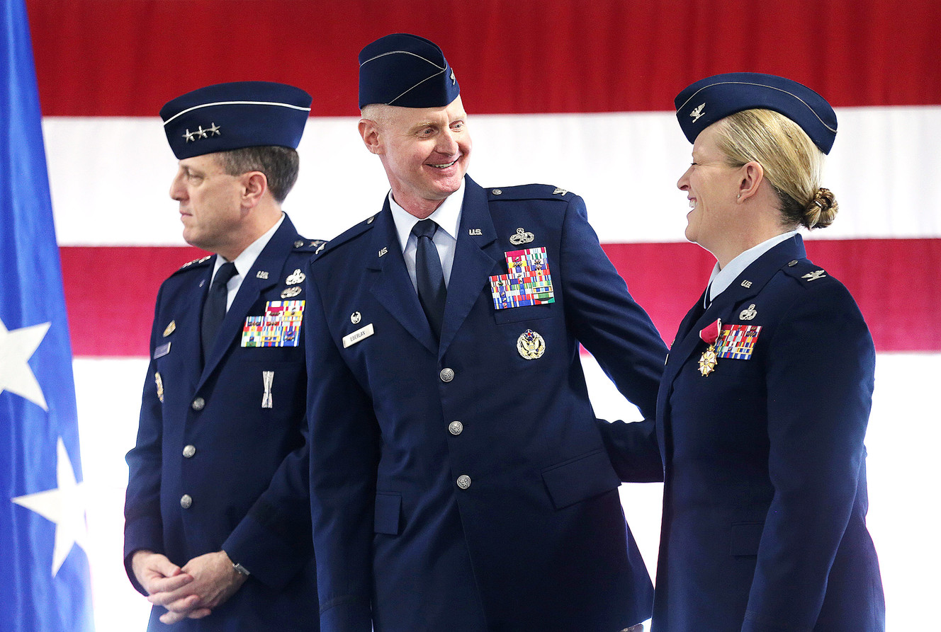 Lt. Gen. Lee K. Levy II, commander of the Air Force Sustainment Center, left, stands with Col. Jon Eberlan, incoming commander of the 75th Air Base Wing at Hill Air Force Base, center, and Col. Jennifer Hammerstedt, outgoing commander of the wing, during a change-of-command ceremony on Friday, April 13, 2018. (Photo: Scott G Winterton, KSL)