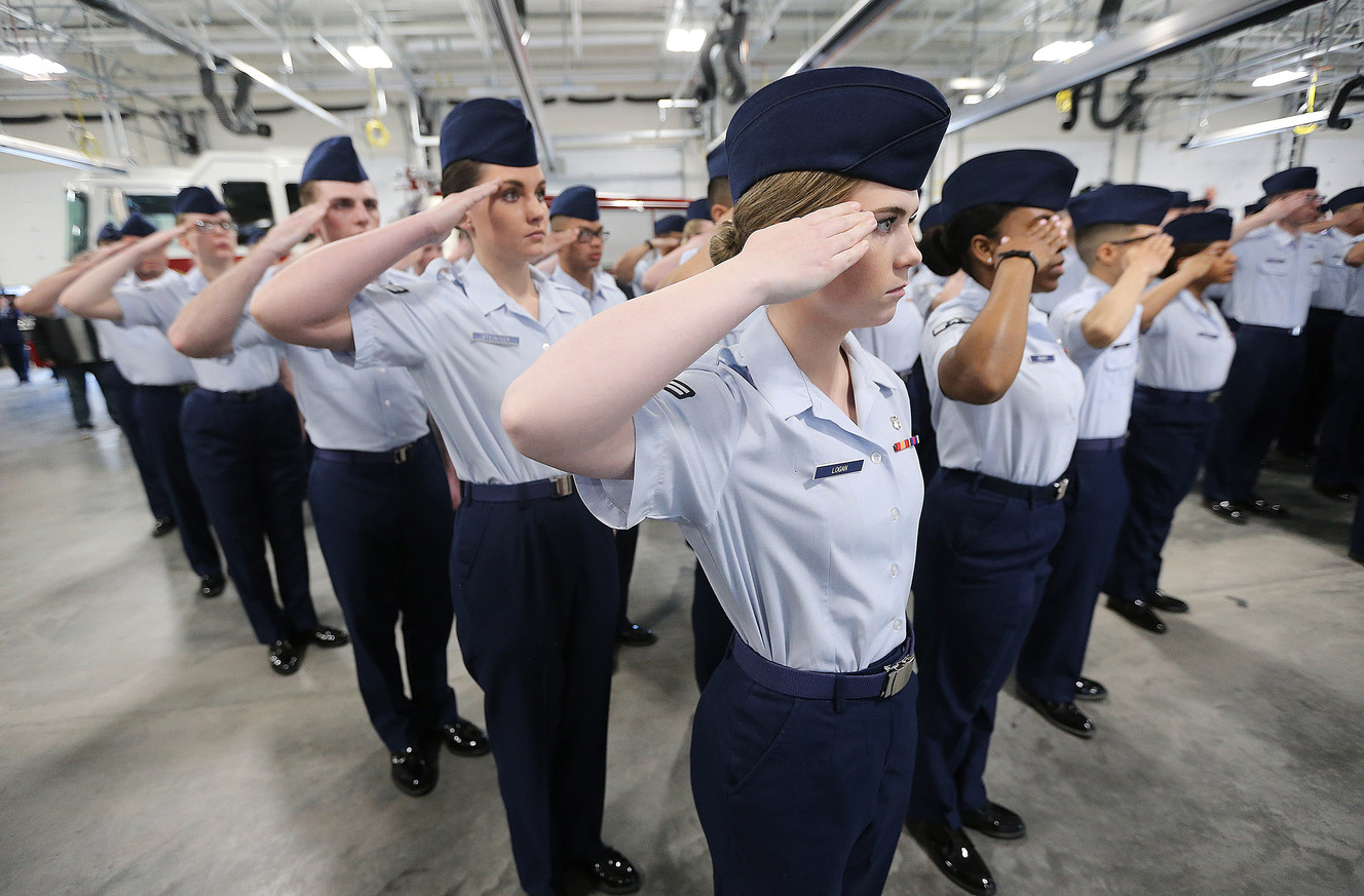 Airmen salute as Col. Jon Eberlan becomes commander of the 75th Air Base Wing at Hill Air Force Base during a change-of-command ceremony on Friday, April 13, 2018. (Photo: Scott G Winterton, KSL)