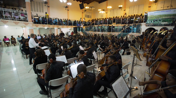 A hundred Haitian musicians take part in a five-day workshop from Sunday, March 25 to Friday, March 30, 2018, in Cap-Haitien, Haiti, put on by 17 Utah Symphony musicians and several players from the Cleveland Orchestra. The climax of the workshop was a performance of Tchaikovsky's Symphony No. 5 in a free public concert conducted by Thierry Fischer, music director of the Utah Symphony. (Photo: Utah Symphony)