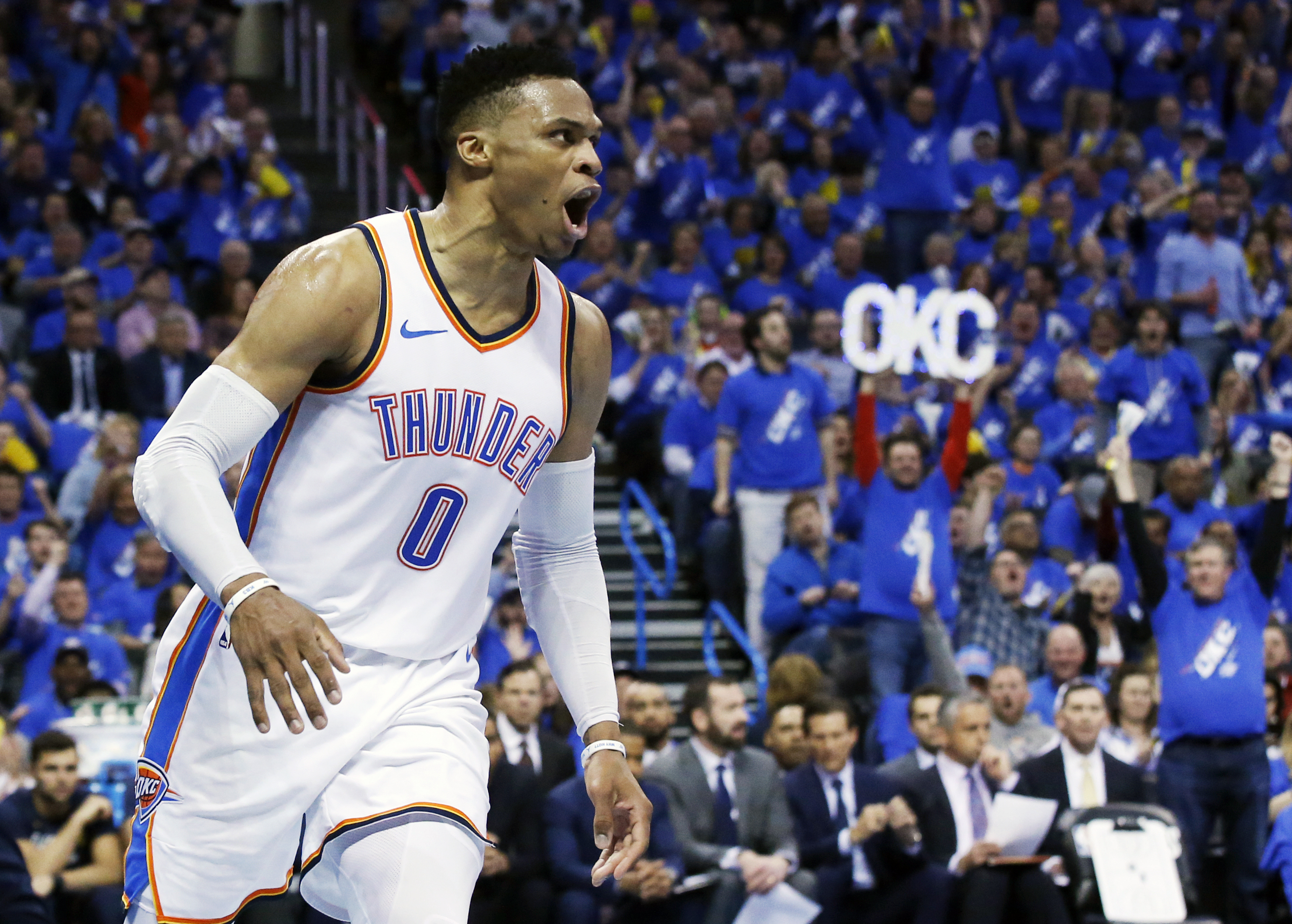 Oklahoma City Thunder guard Russell Westbrook (0) shouts after a dunk in the first half of Game 1 of an NBA basketball first-round playoff series against the Utah Jazz in Oklahoma City, Sunday, April 15, 2018. (Photo: Sue Ogrocki, AP Photo)