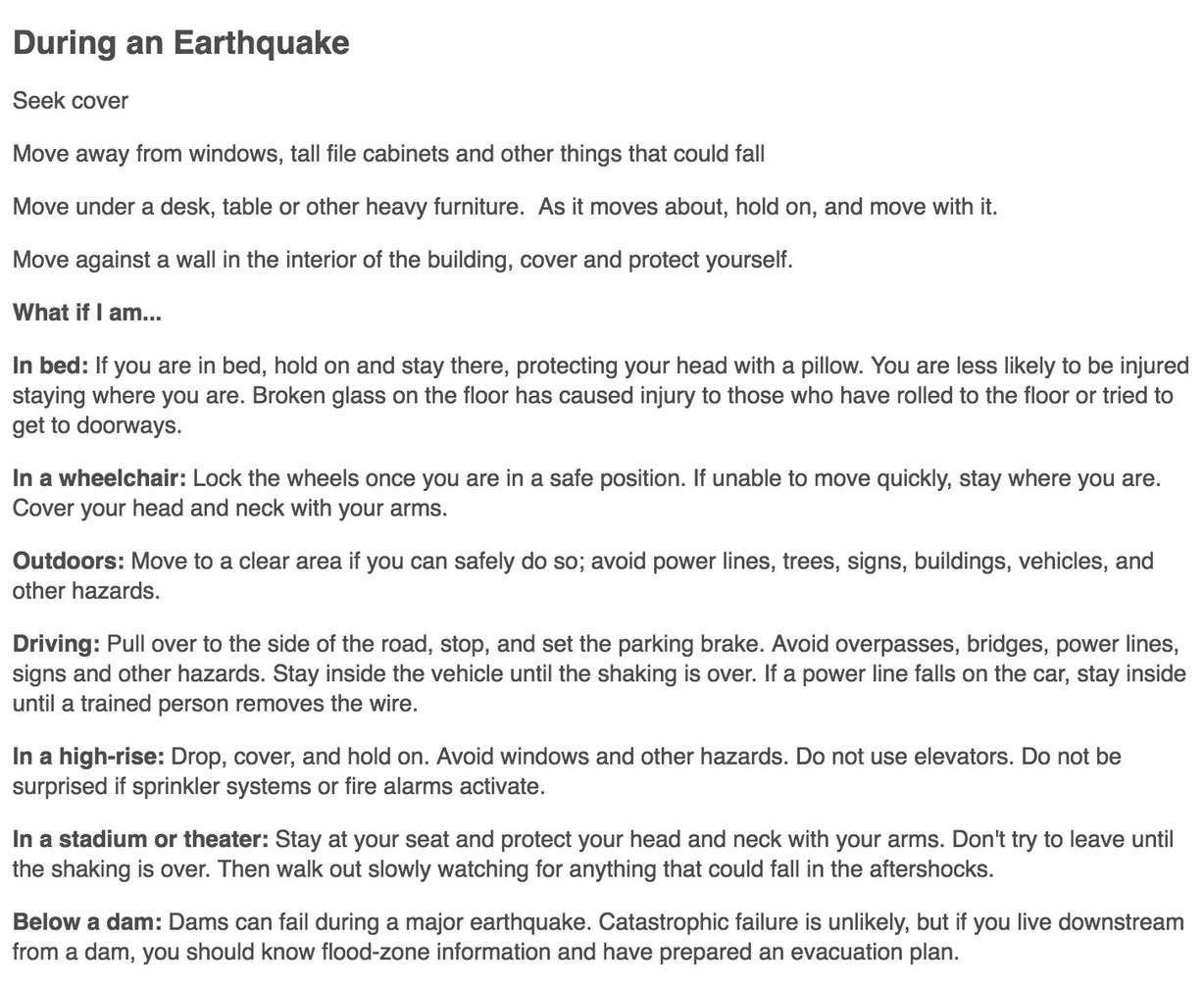 Suggestions of what to do during an earthquake. (Info from Utah.gov)