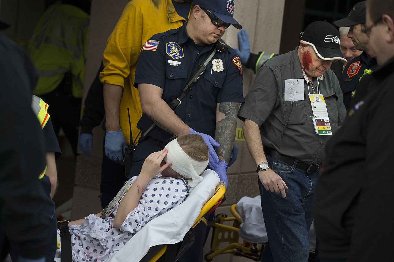 Salt Lake City firefighters and emergency medical service personnel evacuate patients during a mock drill for the Great Utah ShakeOut at Shriners Hospitals for Children in Salt Lake City on Thursday, April 19, 2018. (Photo: Laura Seitz, KSL)
