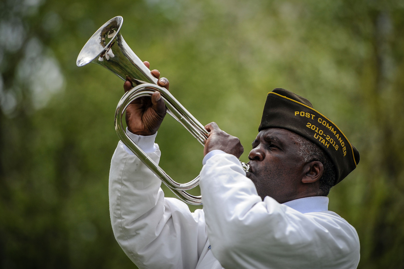 James Shepard, Veterans of Foreign Wars Post 7442, plays taps at the conclusion of a wreath-laying ceremony at the World War I Memorial at Memory Grove Park in Salt Lake City, Utah on Thursday, April 19, 2018. The event, hosted by the Utah State Society of the National Society of the Daughters of the American Revolution, commemorated the 100th anniversary of the signing of the Treaty of Versailles in 1918. (Photo: Adam Fondren, KSL)