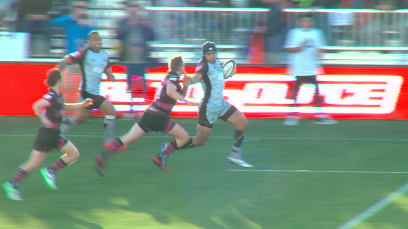 Utah Warriors outside center Josh Whippy races past the Alberta forwards for a try in the first half of the Warriors' 80-12 win, Friday, April 20, 2018 at Zions Bank Stadium in Herriman. (Photo: Hema Heimuli, Jr., KSL TV)