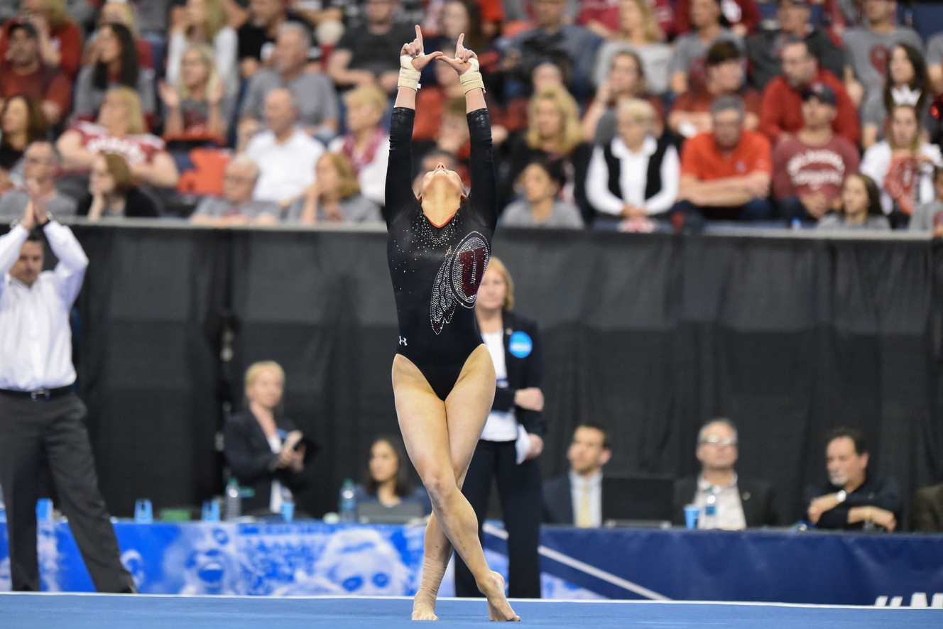 Utah gymnastics' Tiffani Lewis performs on floor at the NCAA evening semifinal on Friday, April 20, 2018. (Photo: Deena Lofgren, Univesity of Utah)