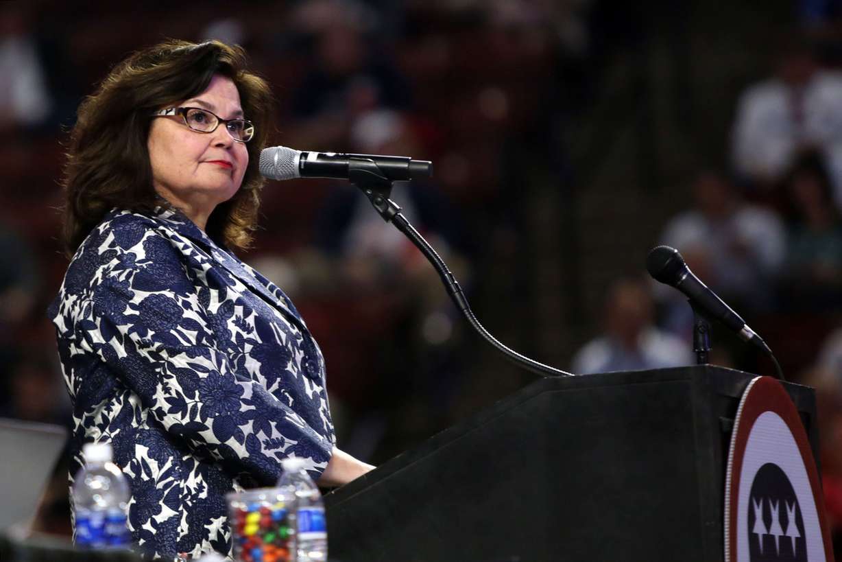 Convention chairwoman Enid Mickelsen waits for order during the Utah Republican Party state convention at the Maverik Center in West Valley City on Saturday, April 21, 2018. (Photo: Kristin Murphy, KSL)