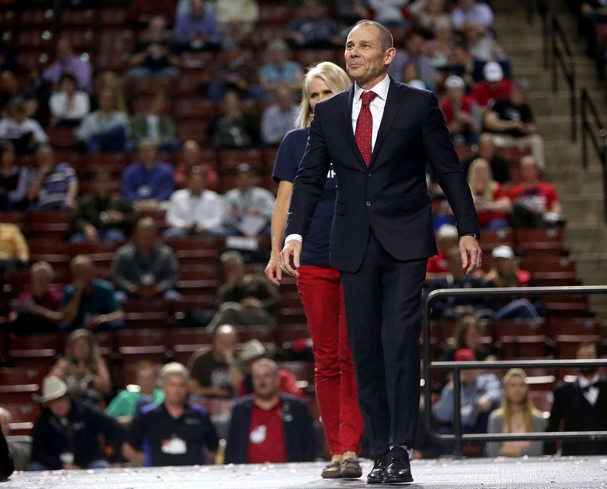 Rep. John Curtis, who is running for re-election for the 3rd Congressional District, walks on stage with his wife Sue to speak during the Utah Republican Party state convention at the Maverik Center in West Valley City on Saturday, April 21, 2018. Both Curtis and former state Rep. Chris Herrod will advance to a primary election. (Photo: Kristin Murphy, KSL)