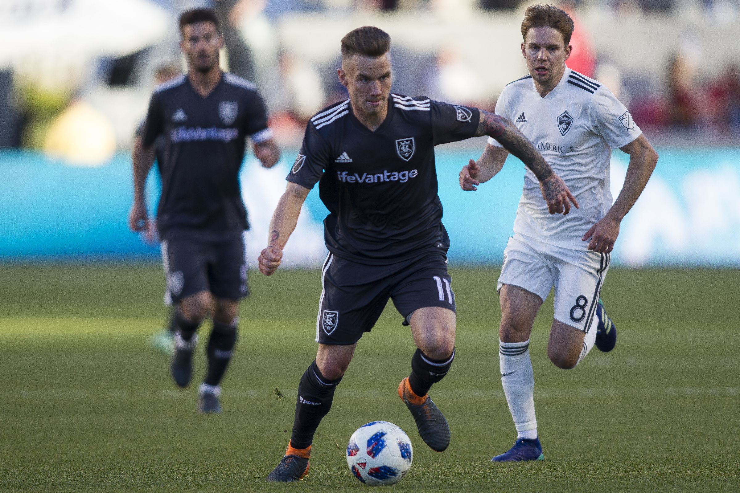 Real Salt Lake midfielder Albert Rusnák (11) runs after the ball near Colorado Rapids midfielder Johan Blomberg (8) during Real Salt Lake's 3-0 victory against the Colorado Rapids at Rio Tinto Stadium on Saturday, April 21, 2018, in Sandy. (Photo: Jacob Wiegand, KSL)