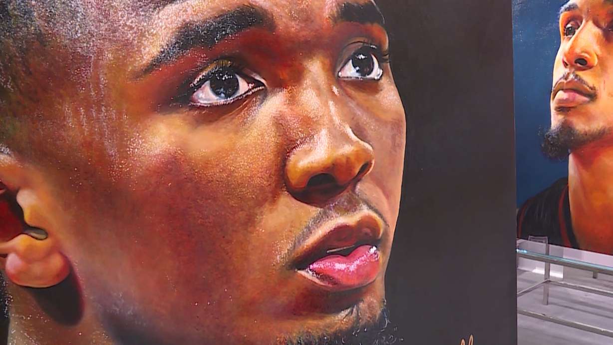 Utah painter Daniela Lopez is capturing the Jazz's successful season in acrylic portraits at the Art Walk at Nordstrom City Creek Center. (Photo: KSL TV)