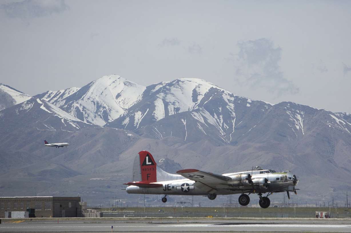 The Madras Maiden, a restored World War II B-17 "flying fortress" bomber, lands the Salt Lake City International Airport on Monday, April 23, 2018. (Photo: Jacob Wiegand, KSL)