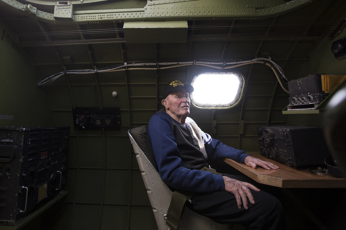 World War II veteran Richard Stucki, originally of Cedar City and now living with family in Taylorsville, waits for takeoff in the Madras Maiden, a restored World War II B-17 "flying fortress" bomber, at the Salt Lake City International Airport on Monday, April 23, 2018. (Photo: Jacob Wiegand, KSL)