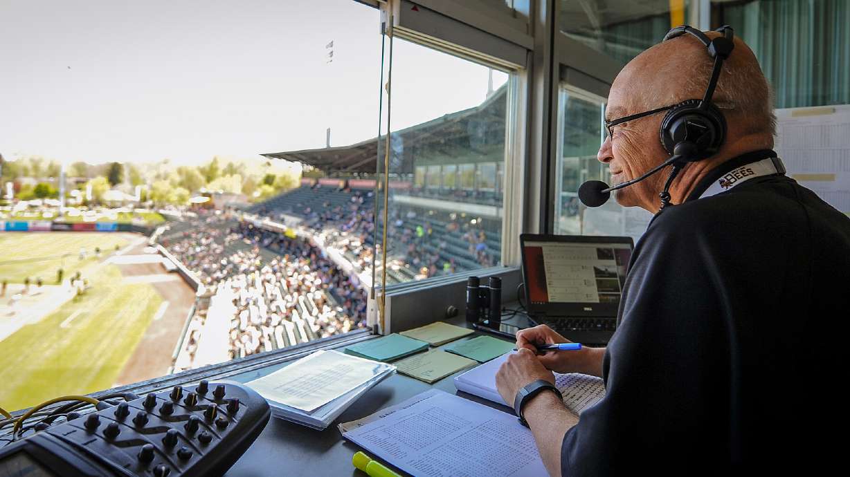 Steve Klauke, a former Salt Lake Bee's announcer, calls a game at Smith's Ballpark in Salt Lake on April 22, 2018. On Thursday, the man found guilty of causing the auto-pedestrian crash that killed him was sentenced to home confinement, probation and community service.