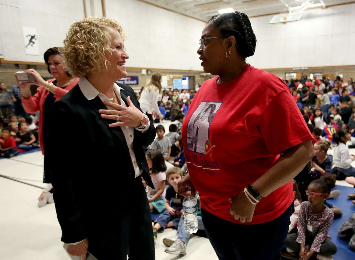 Salt Lake City Mayor Jackie Biskupski talks with Wanda Jackson, granddaughter of Mary Jackson, at the renaming ceremony of Mary Jackson Elementary School in Salt Lake City on Thursday, April 26, 2018. (Photo: Kristin Murphy, KSL)
