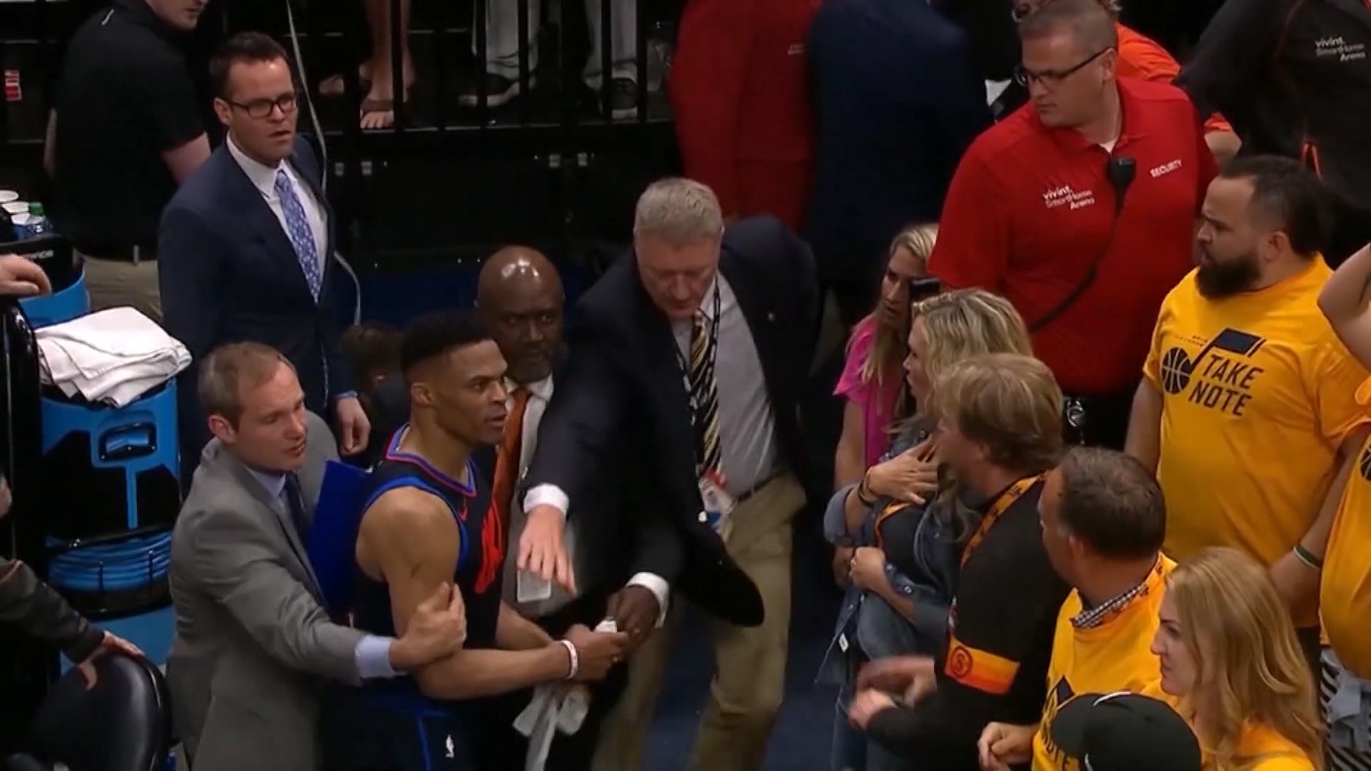 Chad Linebaugh wants to clear the air about Jazz fans after OKC Thunder player Russell Westbrook got in his face Friday night, slapping his hand, as he was taking cellphone video of the last seconds of the Jazz clinching the first-round of the NBA Playoff series against the Thunder. (Photo: KSL TV)