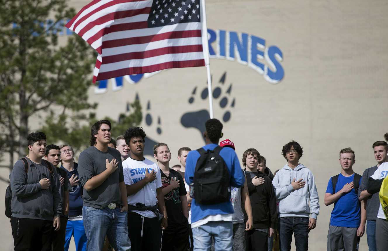 Students recite the Pledge of Allegiance during a “Stand for the Second” walkout at Hunter High School in West Valley City on Wednesday, May 2, 2018. (Photo: Laura Seitz, KSL)