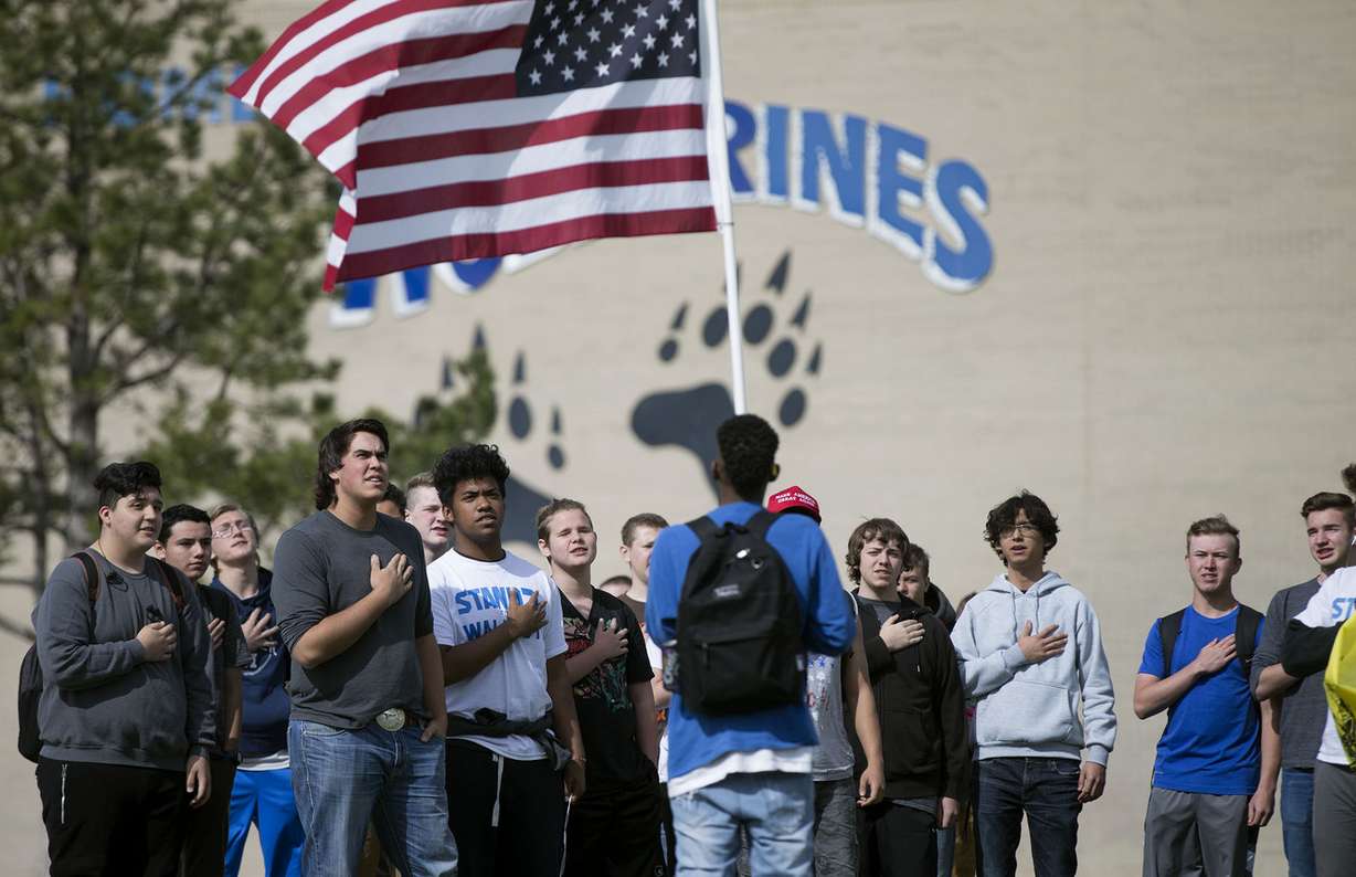 Students recite the Pledge of Allegiance during a “Stand for the Second” walkout at Hunter High School in West Valley City on Wednesday, May 2, 2018. (Photo: Laura Seitz, KSL)