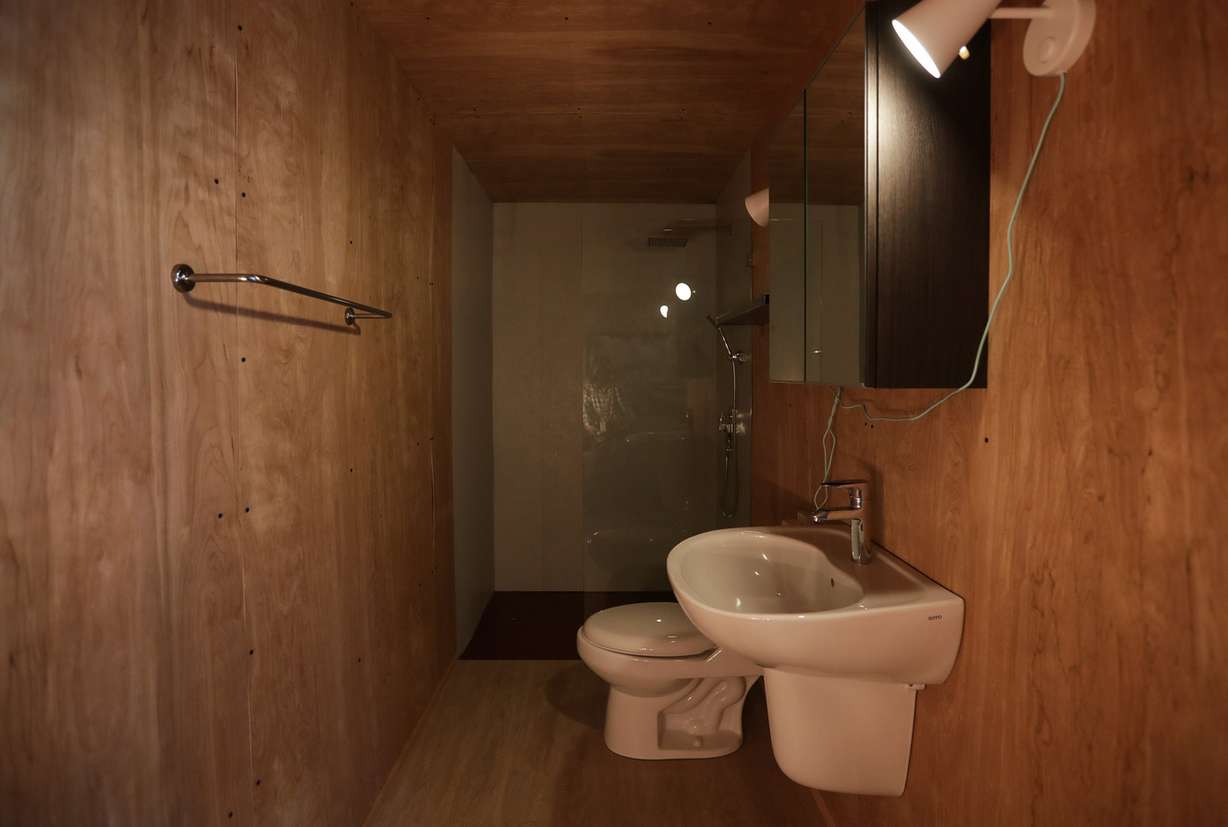 A bathroom in a model shipping container home in Jeff White's shop in Salt Lake City on Friday, May 4, 2018. (Photo: Spenser Heaps, KSL)