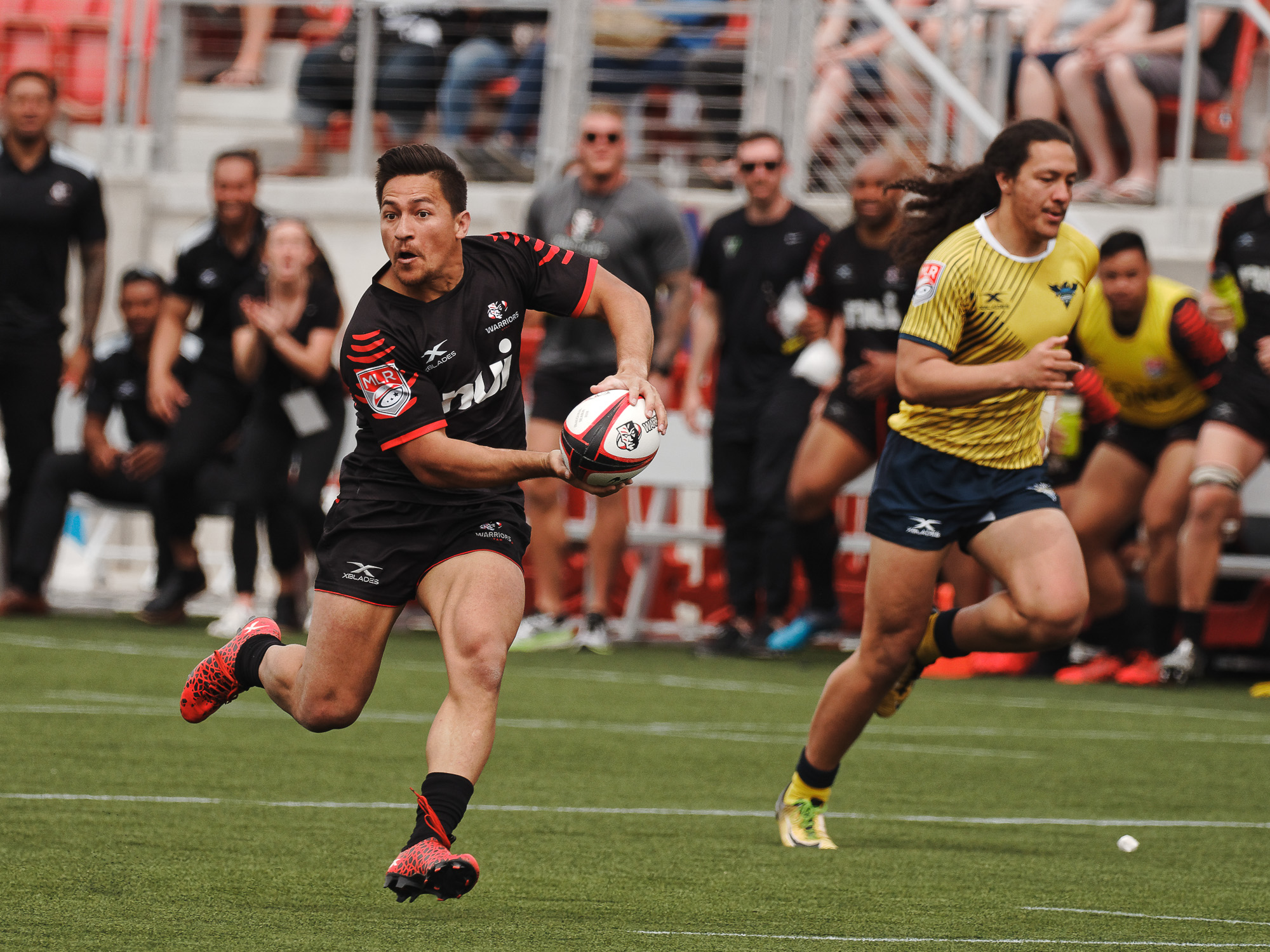 Tonata Lauti runs the ball for the Utah Warriors against Glendale Raptors, May 5, 2018 at Zions Bank Stadium in Herriman. Lauti, who led the league last year in try scoring, headlines the second-year Major League Rugby side that will play this year at Zions Bank Stadium. (Photo: Davey Wilson, Utah Warriors)