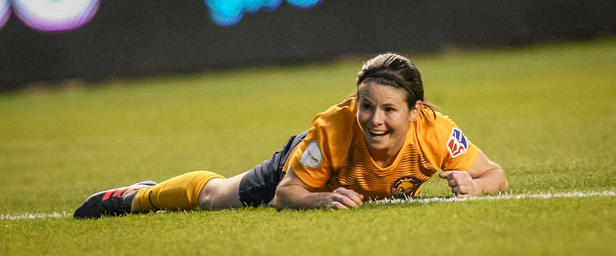 Utah Royals FC midfielder Diana Matheson (10) watches with excitement as her goal slowly rolls in as the Royals host the Spirit at Rio Tinto Stadium in Sandy on Saturday, May 5, 2018. (Photo: Adam Fondren, Deseret News)