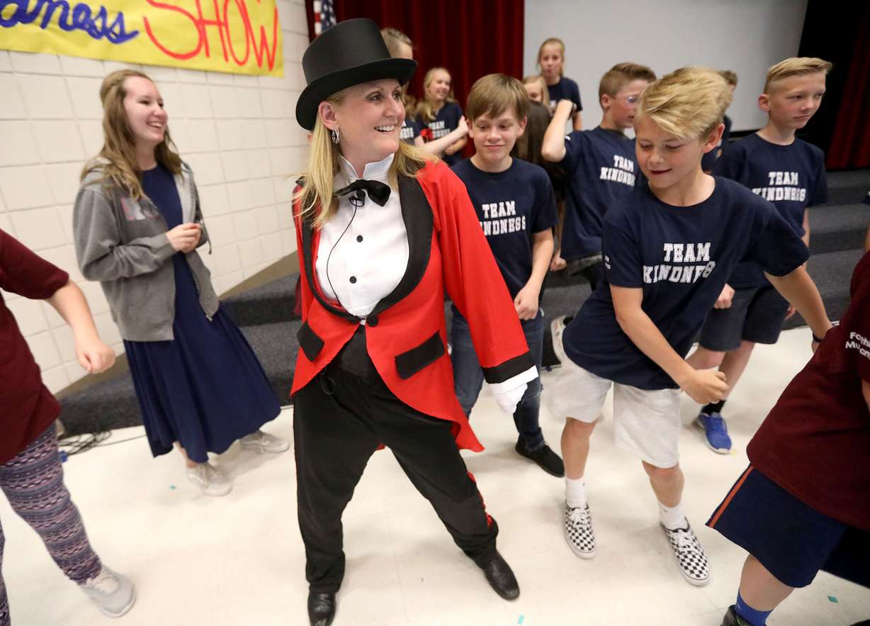 Foothills Elementary School Principal Cherie Wilson dances with members of the student council during a kindness assembly at the Riverton school on Monday, May 7, 2018. (Photo: Kristin Murphy, KSL)