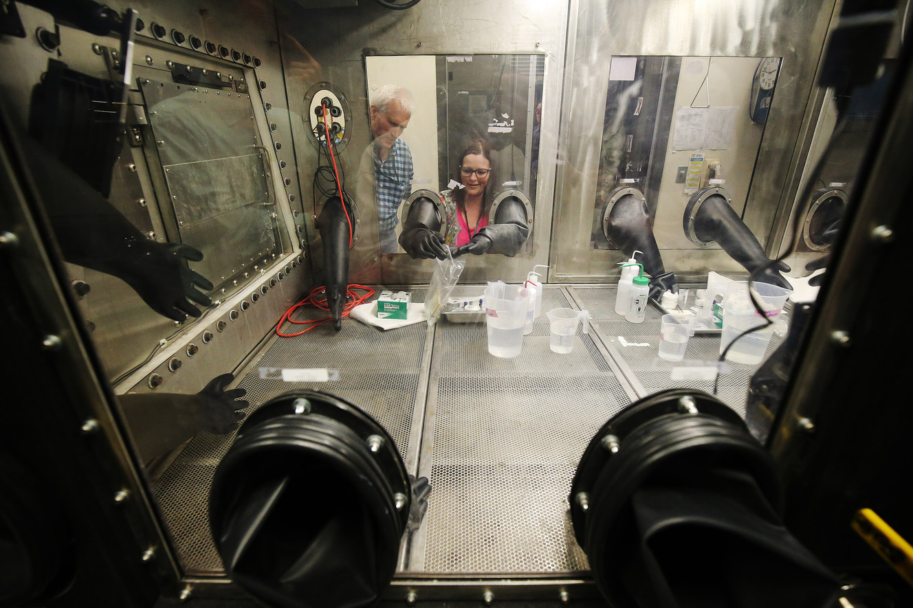 Ashley Siniscalchi and Randy Moss demonstrate the use of the chemical set facility at Dugway Proving Ground on Wednesday, May 9, 2018. Dugway Proving Ground held its fourth S/K Challenge to assess the strengths and weakness of chemical and biological detectors in an operational defense environment. (Photo: Jeffrey D. Allred, KSL)