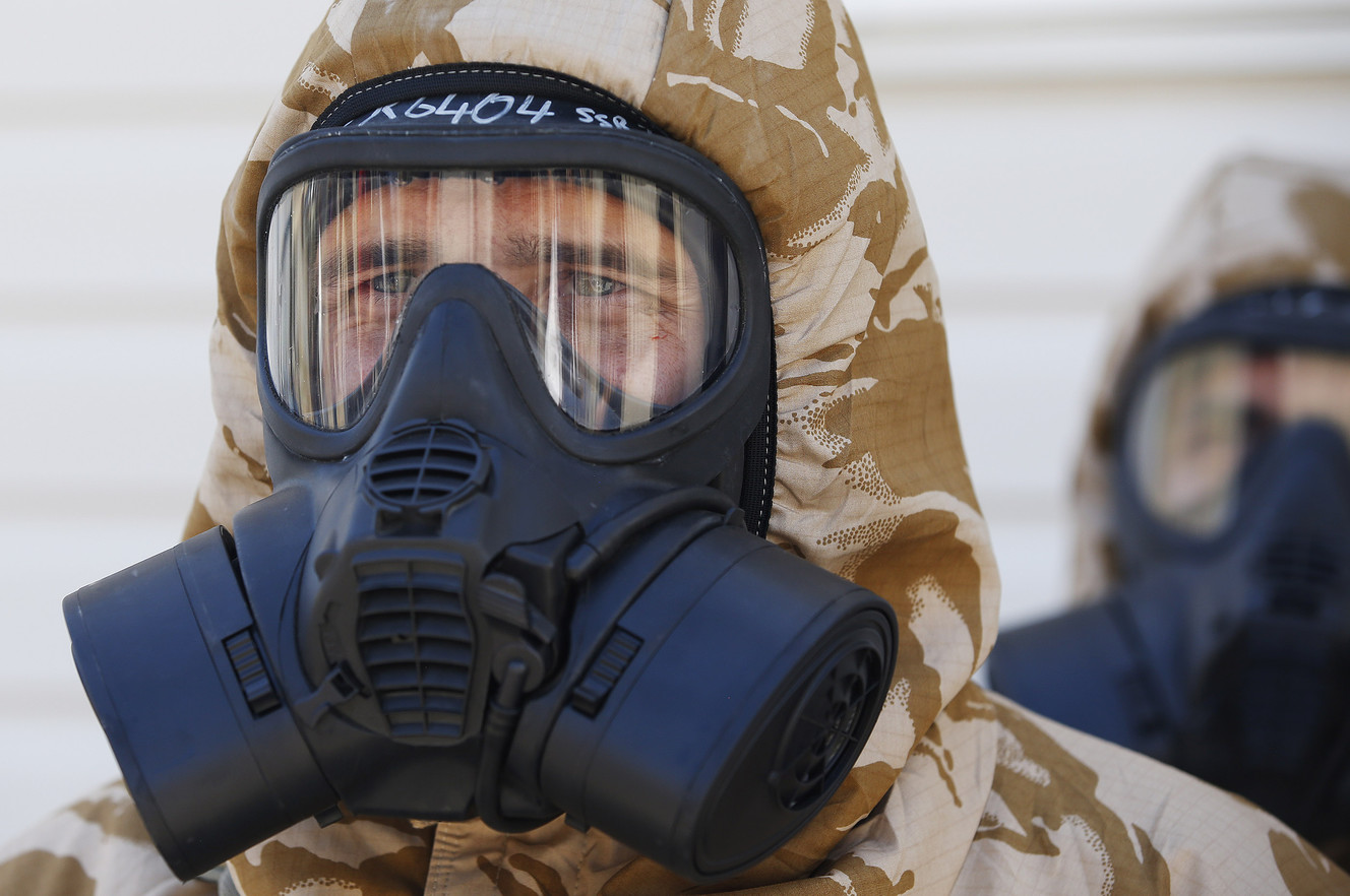 Members of the Royal Air Force 20 Wing Regiment work on a terrorist situation drill involving a chemical dispersal device at Dugway Proving Ground on Wednesday, May 9, 2018. Dugway Proving Ground held its fourth S/K Challenge to assess the strengths and weakness of chemical and biological detectors in an operational defense environment. (Photo: Jeffrey D. Allred, KSL)