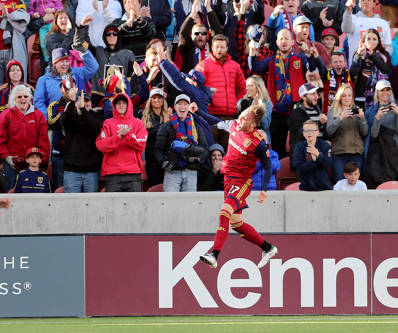 Real Salt Lake forward Corey Baird (27) celebrates a goal as Real Salt Lake and DC United play a MLS Soccer match at Rio Tinto Stadium in Sandy Utah on Saturday, May 12, 2018. (Photo: Scott G Winterton, Deseret News)