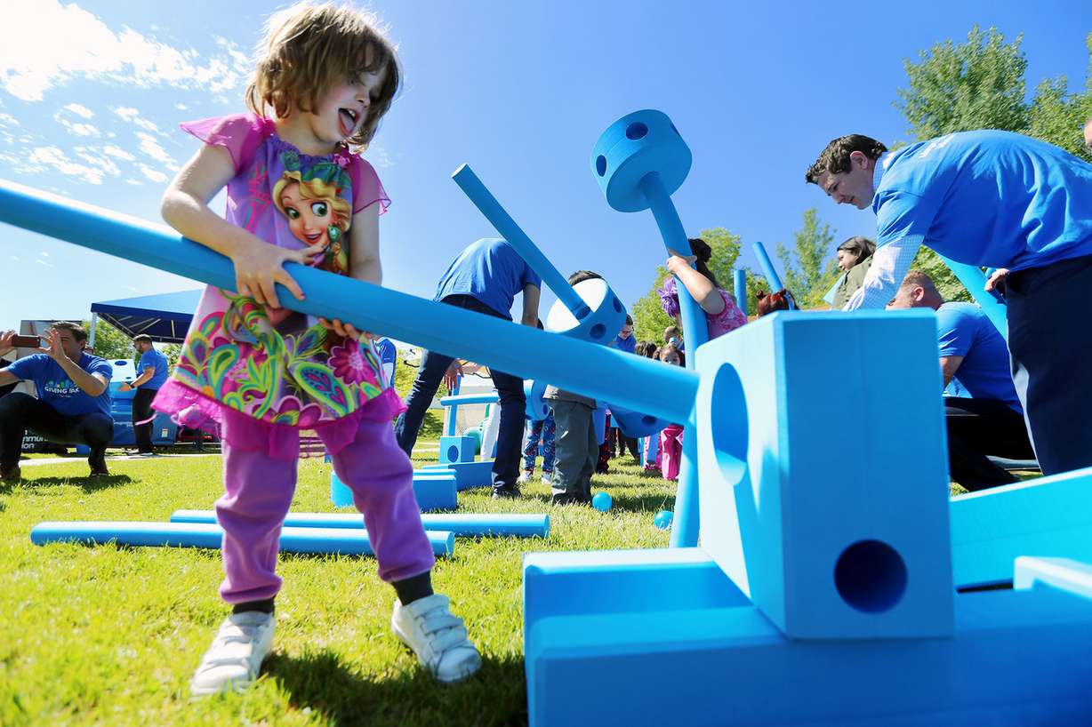 Aimee and other children play with a new Imagination Playground at the Catherine C. Hoskins Head Start in West Valley City on Tuesday, May 15, 2018. (Photo: Scott G Winterton, KSL)