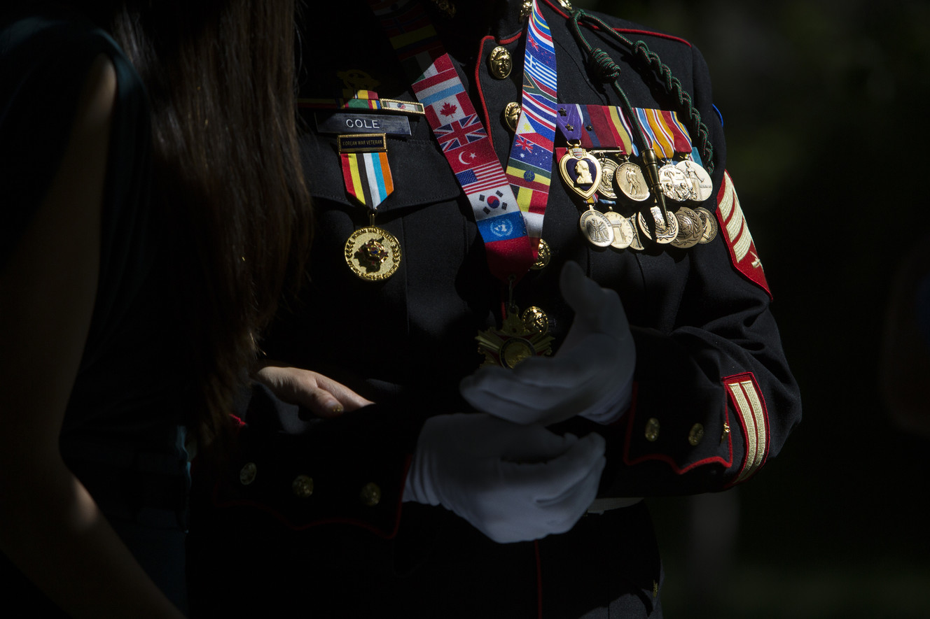 The medals worn by World War II and Korean War Marine veteran John Cole, of Roy, as he talks about his experiences before a Korean War memorial ceremony at Memory Grove Park in Salt Lake City on Wednesday, May 16, 2018. (Photo: Jacob Wiegand, KSL)