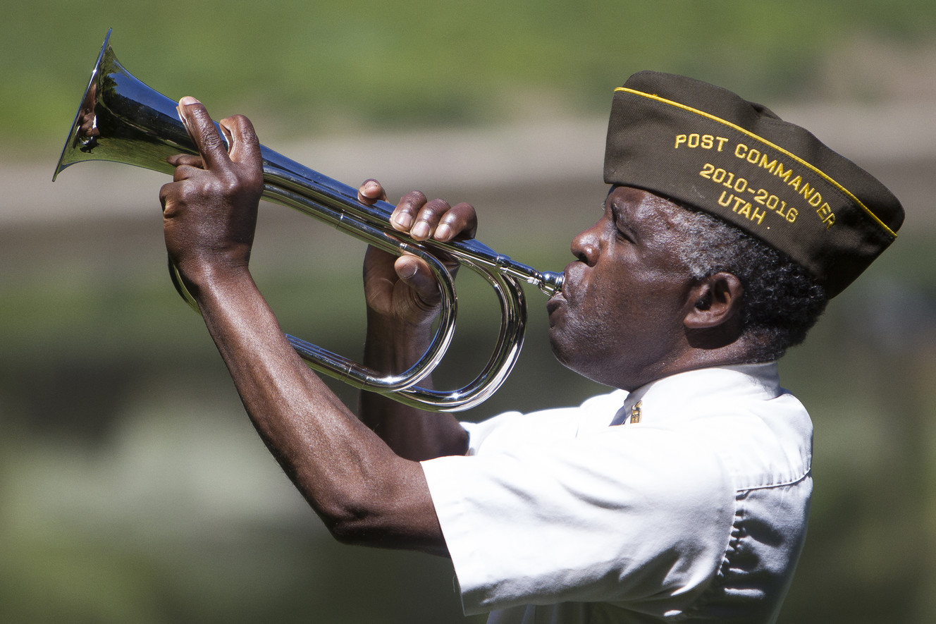 Vietnam War Army veteran James Sheppard, of South Jordan, plays taps during a Korean War memorial ceremony at Memory Grove Park in Salt Lake City on Wednesday, May 16, 2018. (Photo: Jacob Wiegand, KSL)