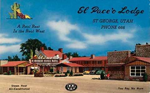 A postcard of the El Pace'o Lodge located off of U.S. 91 in St. George, Utah. The motel card boasted of "nicely furnished, air-conditioned units, each with telephones and free radio Tubs or full tile showers and 12 fully equipped kitchenette apartments with fireplaces Steam heat." (Photo Courtesy of Lisa Michele Church)