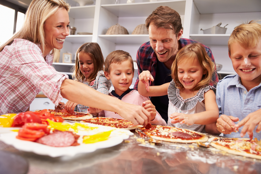 family, pizza, making pizza, meals, healthy, fun