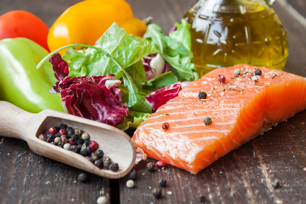 Salmon and other elements of a Mediterranean diet are shown.
