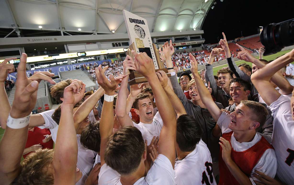 Alta celebrates beating Viewmont in the 5A high school championship game at Rio Tinto Stadium in Sandy on Thursday, May 24, 2018. (Photo: Jeffrey D. Allred, Deseret News)